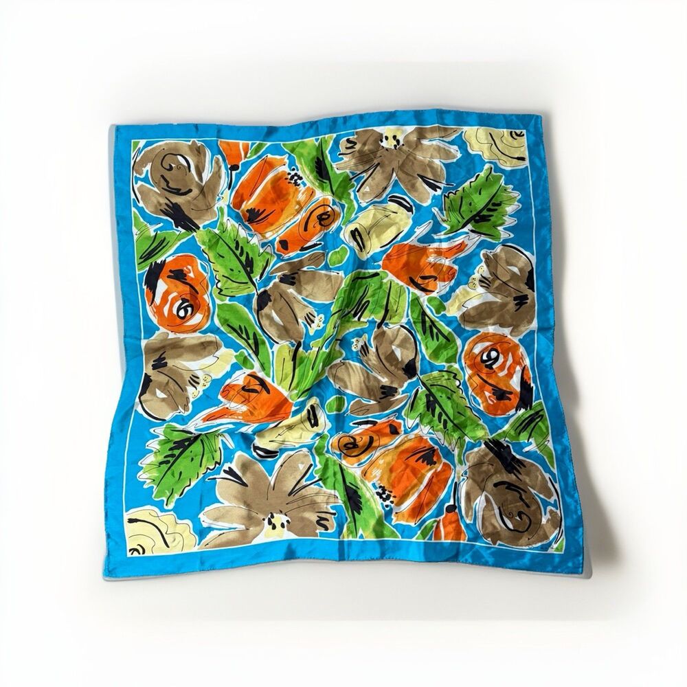 Vintage Oscar de la Renta 100% Silk Scarf Square Blue Floral Hand Rolled 31x31